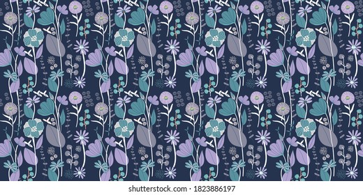 Blooming meadow seamless pattern. Trendy color for fashion. wallpapers, and print. A lot of flowers.  Ditsy style. Pressed flowers. Trendy floral design