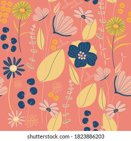 Blooming meadow seamless pattern. Trendy color for fashion. wallpapers, and print. A lot of flowers.  Ditsy style. Pressed flowers. Trendy floral design