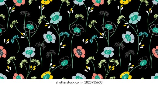 Blooming meadow seamless pattern. Trendy color for fashion. wallpapers, and print. A lot of flowers.  Ditsy style. Pressed flowers. Trendy floral design