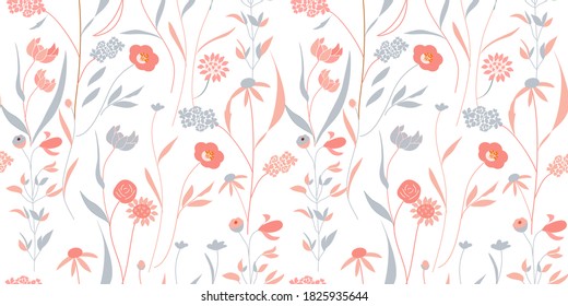 Blooming meadow seamless pattern. Trendy color for fashion. wallpapers, and print. A lot of flowers.  Ditsy style. Pressed flowers. Trendy floral design