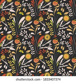 El prado floreciente es un patrón impecable. Color de moda. papeles pintados e impresos. Muchas flores.  Estilo marrón. Flores presionadas. Diseño floral de moda