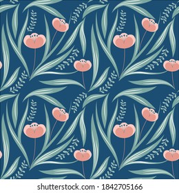 Blooming meadow seamless pattern. Trendy color for fashion. wallpapers, and print. A lot of flowers.  Ditsy style. Pressed flowers. Trendy floral design
