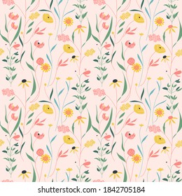 Blooming meadow seamless pattern. Trendy color for fashion. wallpapers, and print. A lot of flowers.  Ditsy style. Pressed flowers. Trendy floral design
