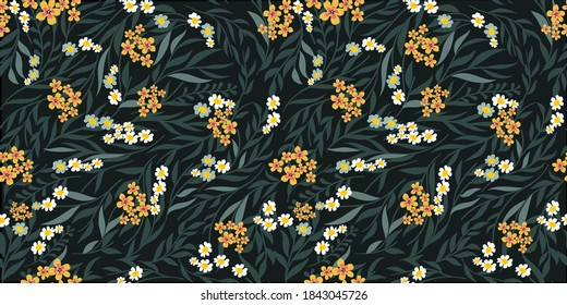 Blooming meadow seamless pattern. Trendy color for fashion. wallpapers, and print. A lot of flowers.  Ditsy style. Pressed flowers. Trendy floral design