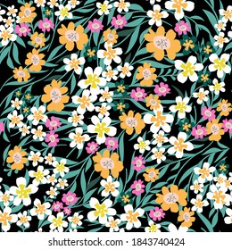 Blooming meadow seamless pattern. Trendy color for fashion. wallpapers, and print. A lot of flowers.  Ditsy style.