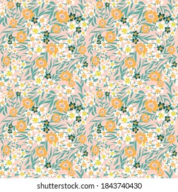 Blooming meadow seamless pattern. Trendy color for fashion. wallpapers, and print. A lot of flowers.  Ditsy style.