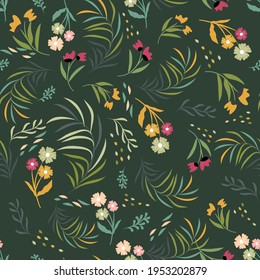 Blooming meadow seamless pattern. Trendy color for fashion. wallpapers, and print. A lot of flowers.  Ditsy style. Pressed flowers. Trendy floral design