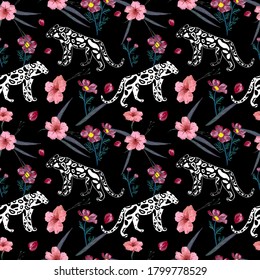 Blooming mexican petunias flowers. Summer floral seamless pattern with leopards. Can be used for fabric, wallpaper, scrapbooking.