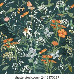 Blooming midsummer floral pattern with vector green herbs and flowers