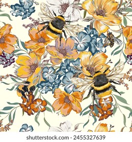 Patrón floral de verano floreciente con abejorro de Vector y flores