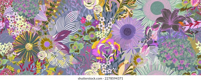 Blooming midsummer meadow pattern. Plant background for fashion, wallpapers, and print. A lot of different flowers on the field. Liberty style millefleurs. Trendy floral design