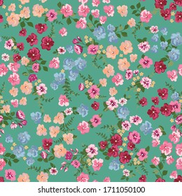 Blooming midsummer meadow seamless pattern. Plant background for fashion, wallpapers, print. A lot of different flowers on the field. Liberty style millefleurs. Trendy floral design