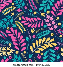 Blooming midsummer meadow seamless pattern. Floral design of bright colorful pink and yellow flowers, leaves and stems on a dark background. Lot of different flowers on the field. Scandinavian style