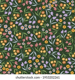 Blooming midsummer meadow seamless pattern. Plant background for fashion, wallpapers, print. A lot of different flowers on the field. Ditsy style. Trendy floral design