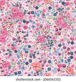 Blooming midsummer meadow seamless pattern. Plant background for fashion, wallpapers, print. A lot of different flowers on the field. Liberty style millefleurs. Trendy floral design