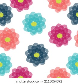 Blooming midsummer meadow seamless pattern.  Flat botanical ornament with minimalistic elements in trendy color.  A lot of different flowers on the field.