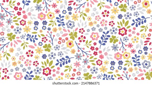 Blooming midsummer meadow seamless pattern. Plant background for fashion, wallpapers, print. There are a lot of different flowers on the field. Freedom style millefleurs. trendy flower design