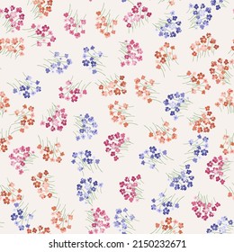 Blooming midsummer meadow seamless pattern. Plant background for fashion, wallpapers, print. A lot of different flowers on the field. Liberty style millefleurs. Trendy floral design