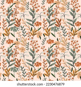 Blooming midsummer meadow Seamless Pattern. Warm palette color. Good for print, Wallpaper, fashion and more. 