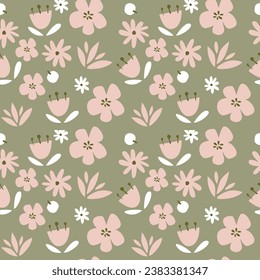 Blooming midsummer meadow seamless pattern. Plant background for fashion, wallpapers, print. A lot of different flowers on the field. Liberty style millefleurs