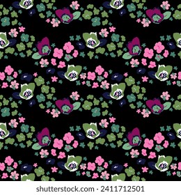 El floreciente prado de mitad de verano es un patrón sin fisuras. Planta de fondo para moda, tapices, imprimir. Muchas flores en el campo. Millefleurs al estilo de la libertad. Diseño floral de moda