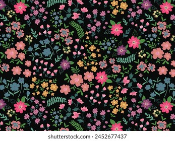 Blooming midsummer meadow seamless pattern. Plant background for fashion, wallpapers, print. A lot of different flowers on the field. Liberty style millefleurs. Trendy floral design