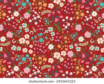 Blooming midsummer meadow seamless pattern. Plant background for fashion, wallpapers, print. A lot of different flowers on the field. Liberty style millefleurs. Trendy floral design