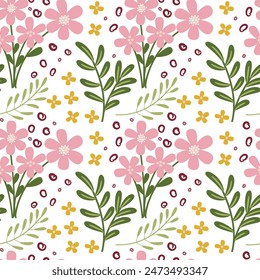 Blooming midsummer meadow seamless pattern. Plant background for fashion, wallpapers, print. Different flowers on the field. Liberty style millefleurs. Trendy floral design