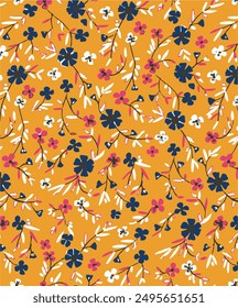 Blooming midsummer meadow seamless pattern. Plant background for fashion, wallpapers, print. A lot of different flowers on the field. Liberty style millefleurs. Trendy floral design