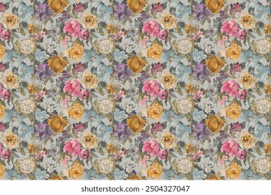 Blooming Midsummer Meadow seamless pattern. Plant backdrop for apparel, wallpaper, and prints. There are a lot of various flowers in the field. Liberty-style millefleurs. Trendy flower design.