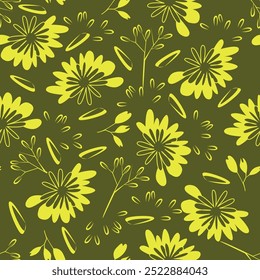 Blooming midsummer meadow seamless pattern. Plant background for fashion, wallpaper, print. Many different flowers in the field. Millefleurs style liberty