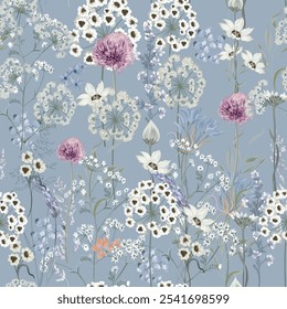 Blooming midsummer meadow seamless pattern. Plant background for fashion, wallpapers, print