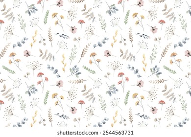 Blooming midsummer meadow seamless pattern. Plant background for fashion