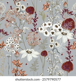 Blooming midsummer meadow seamless pattern. Plant background for fashion, wallpapers