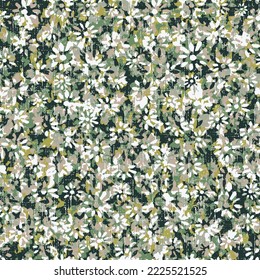 Blooming midsummer meadow seamless textured pattern. Plant green background for fashion, wallpapers, print. A lot of different flowers on the field. Liberty style millefleurs. Trendy floral design