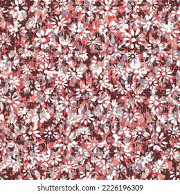 Blooming midsummer meadow seamless textured pattern. Plant red background for fashion, wallpapers, print. A lot of different flowers on the field. Liberty style millefleurs. Trendy floral design