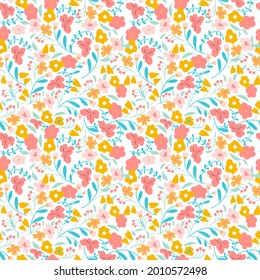 Blooming midsummer seamless pattern. Spring summer collection. Trendy color for fashion. wallpapers, and print. A lot of flowers.  Ditsy style. Pressed flowers. Trendy floral design