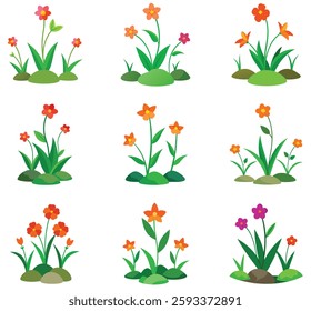 Blooming Monkey  flowers bundle vector illustration among the green grass and stone on a white background