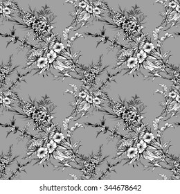 Blooming monochrome flowers seamless pattern on gray background, vector illustration