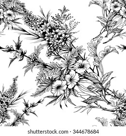 Blooming monochrome flowers seamless pattern on white background, vector illustration