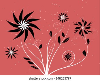 Blooming nature background. Black and white floral vector illustration on dark pink background.