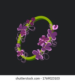 Blooming number 0. Decorative floral font on a dark background. Vintage garden plants typography. Numbers of lilac flowers.