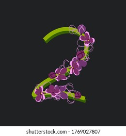 Blooming number 2. Decorative floral font on a dark background. Vintage garden plants typography. Numbers of lilac flowers.