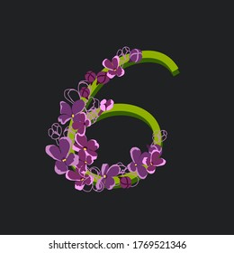Blooming number 6. Decorative floral font on a dark background. Vintage garden plants typography. Numbers of lilac flowers.