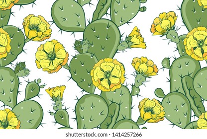 
 Blooming Opuntia. Exotic seamless pattern.  Vector vintage texture. Hand drawn cactus illustration on white background.