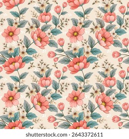 Flores cor de laranja florescente em fundo amarelo claro desenhado à mão, sem costura, em um fundo claro. Projetado para tecido, moda, têxteis, papel de parede, envoltório de presente
