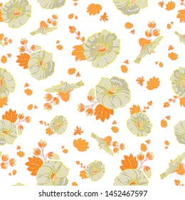 Blooming orange green mallow flower garden seamless repeat vector pattern background for fabric, scrapbooking, wallpaper and backgrounds. Surface pattern design.