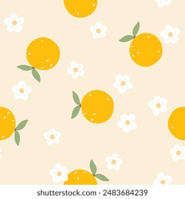 Blooming orange seamless vector pattern with citrus fruit and flowers in simple hand drawn cartoon kawaii style. Pastel palette, cute unisex background. for printing baby textiles, clothes, packaging