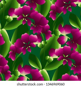 Blooming orchid colorful seamless vector pattern. Decorative background with gradient inflorescence. Beautiful fabric texture with blossom, foliage. Floral wallpaper, wrapping paper design
