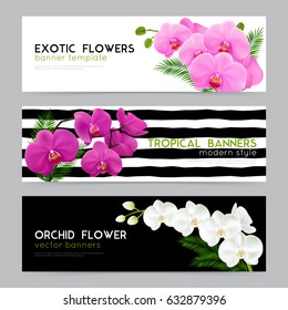 Blooming orchids 3 horizontal banners collection with exotic flowers on black white background realistic isolated vector illustration  